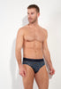 Front view of a men model wearing HO navy print modal/viscose/tencel Mini Briefs