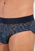 Close-up view of a men model wearing HO navy print modal/viscose/tencel Mini Briefs