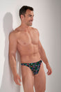 Front view of a men model wearing HO black print  G-String