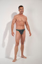 Full-body view of a men model wearing HO black print  G-String