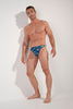 Full-body view of a men model wearing HO navy blue print  G-String