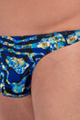 Close-up view of a men model wearing HO navy blue print  G-String