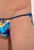 Close-up view of a men model wearing HO turquoise print  Tanga Briefs