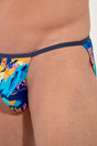 Close-up view of a men model wearing HO turquoise print  Tanga Briefs