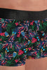 Close-up view of a men model wearing HO black print  Trunk