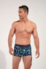 Front view of a men model wearing HO navy blue print  Trunk