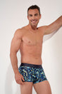 General view of a men model wearing HO navy blue print  Trunk