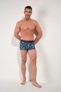 Full-body view of a men model wearing HO navy blue print  Trunk