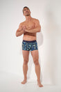 General view of a men model wearing HO navy blue print  Trunk
