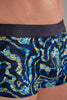 Close-up view of a men model wearing HO navy blue print  Trunk