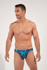 Front view of a men model wearing HO navy blue print  Comfort Micro Briefs