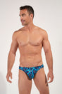 Front view of a men model wearing HO navy blue print  Comfort Micro Briefs