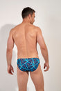 Back view of a men model wearing HO navy blue print  Comfort Micro Briefs