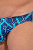 Close-up view of a men model wearing HO navy blue print  Comfort Micro Briefs