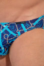 Close-up view of a men model wearing HO navy blue print  Comfort Micro Briefs