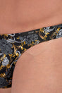 Close-up view of a men model wearing HO black print  G-String