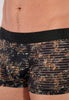 Close-up view of a men model wearing HO khaki print  Trunk