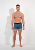 Full-body view of a men model wearing HO blue print modal/viscose/tencel Boxer Briefs HO1
