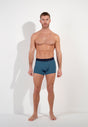 Full-body view of a men model wearing HO blue print modal/viscose/tencel Boxer Briefs HO1