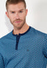 Close-up view of a men model wearing HO blue print cotton Long Sleepwear