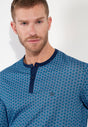 Close-up view of a men model wearing HO blue print cotton Long Sleepwear