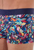Close-up view of a men model wearing HO multico print  Trunk