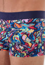 Close-up view of a men model wearing HO multico print  Trunk