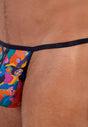 Close-up view of a men model wearing HO multico print  G-String