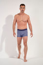 Full-body view of a men model wearing HO blue stripes  Boxer Briefs