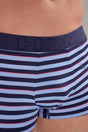 Close-up view of a men model wearing HO blue stripes  Boxer Briefs