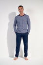 Full-body view of a men model wearing HO blue stripes cotton Long Sleepwear
