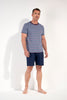 Full-body view of a men model wearing HO blue stripes cotton Short Sleepwear