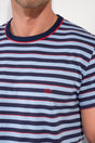 Close-up view of a men model wearing HO blue stripes cotton Short Sleepwear