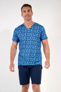 Front view of a men model wearing HO blue print cotton Short Sleepwear