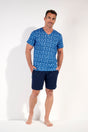 Full-body view of a men model wearing HO blue print cotton Short Sleepwear