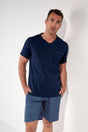 Front view of a men model wearing HO navy print cotton Short Sleepwear