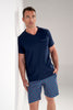 General view of a men model wearing HO navy print cotton Short Sleepwear