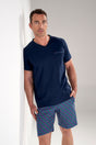 General view of a men model wearing HO navy print cotton Short Sleepwear