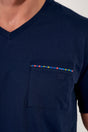 Close-up view of a men model wearing HO navy print cotton Short Sleepwear