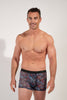 Front view of a men model wearing HO blue print  Boxer Briefs