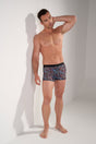 Full-body view of a men model wearing HO blue print  Boxer Briefs