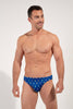 Front view of a men model wearing HO navy print  Swim Micro Briefs