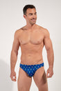 Front view of a men model wearing HO navy print  Swim Micro Briefs