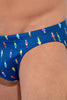 Close-up view of a men model wearing HO navy print  Swim Micro Briefs