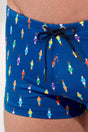 Close-up view of a men model wearing HO navy print  Swim Shorts