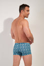 Back view of a men model wearing HO blue print  Swim Shorts