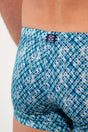 General view of a men model wearing HO blue print  Swim Shorts