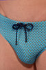 Close-up view of a men model wearing HO blue print  Swim Mini Briefs