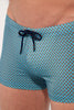 Close-up view of a men model wearing HO blue print  Swim Shorts