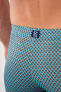 General view of a men model wearing HO blue print  Swim Shorts